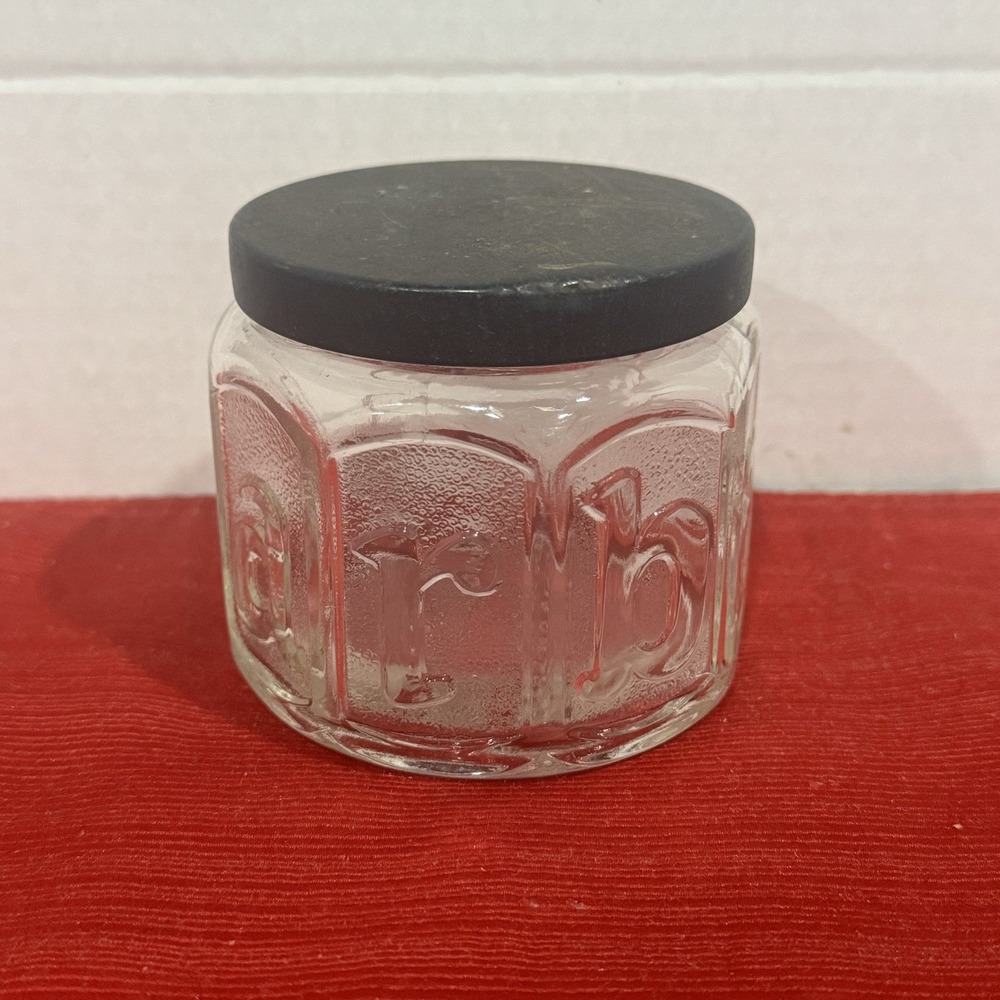 Barbasol Shaving Jar Clear Glass Black‎ Metal Lid Raised Letters Vanity Vintage